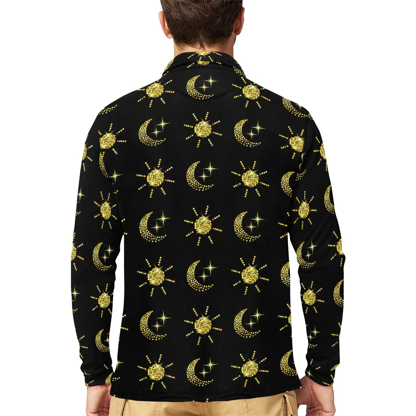 Sun Moon Print Design LKS304 Long Sleeve Polo Shirt For Men's