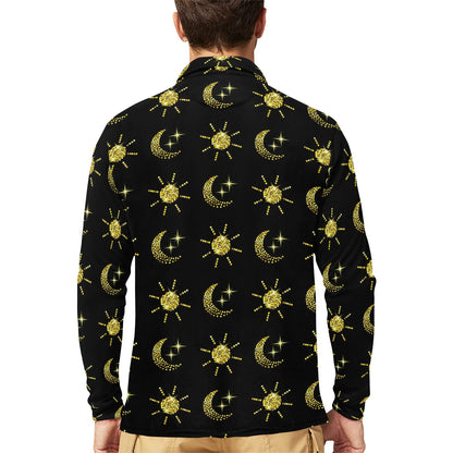 Sun Moon Print Design LKS304 Long Sleeve Polo Shirt For Men's