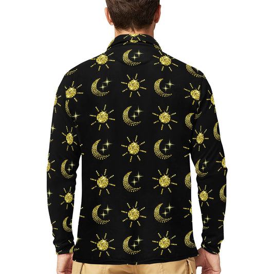 Sun Moon Print Design LKS304 Long Sleeve Polo Shirt For Men's