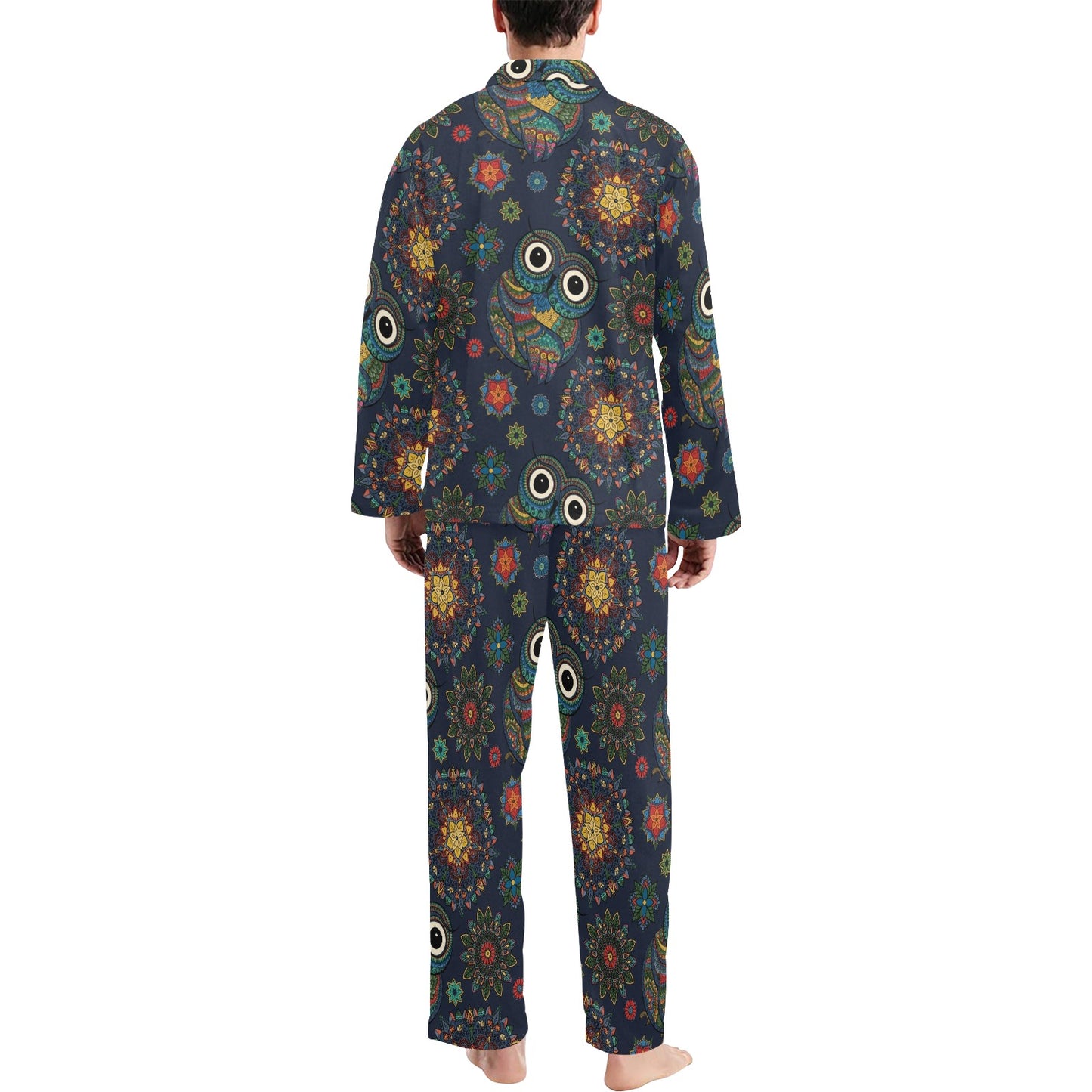 Owl Boho Style Pattern Print Design A04 Men's Long Pajama Set