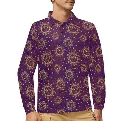 Sun Moon Star Design Themed Print Long Sleeve Polo Shirt For Men's