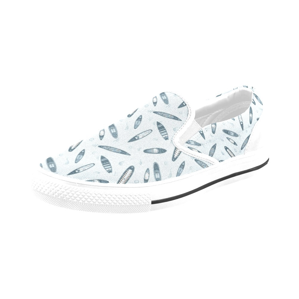 Surfboard Print Design LKS306 White Slip Ons Canvas Women's Shoes