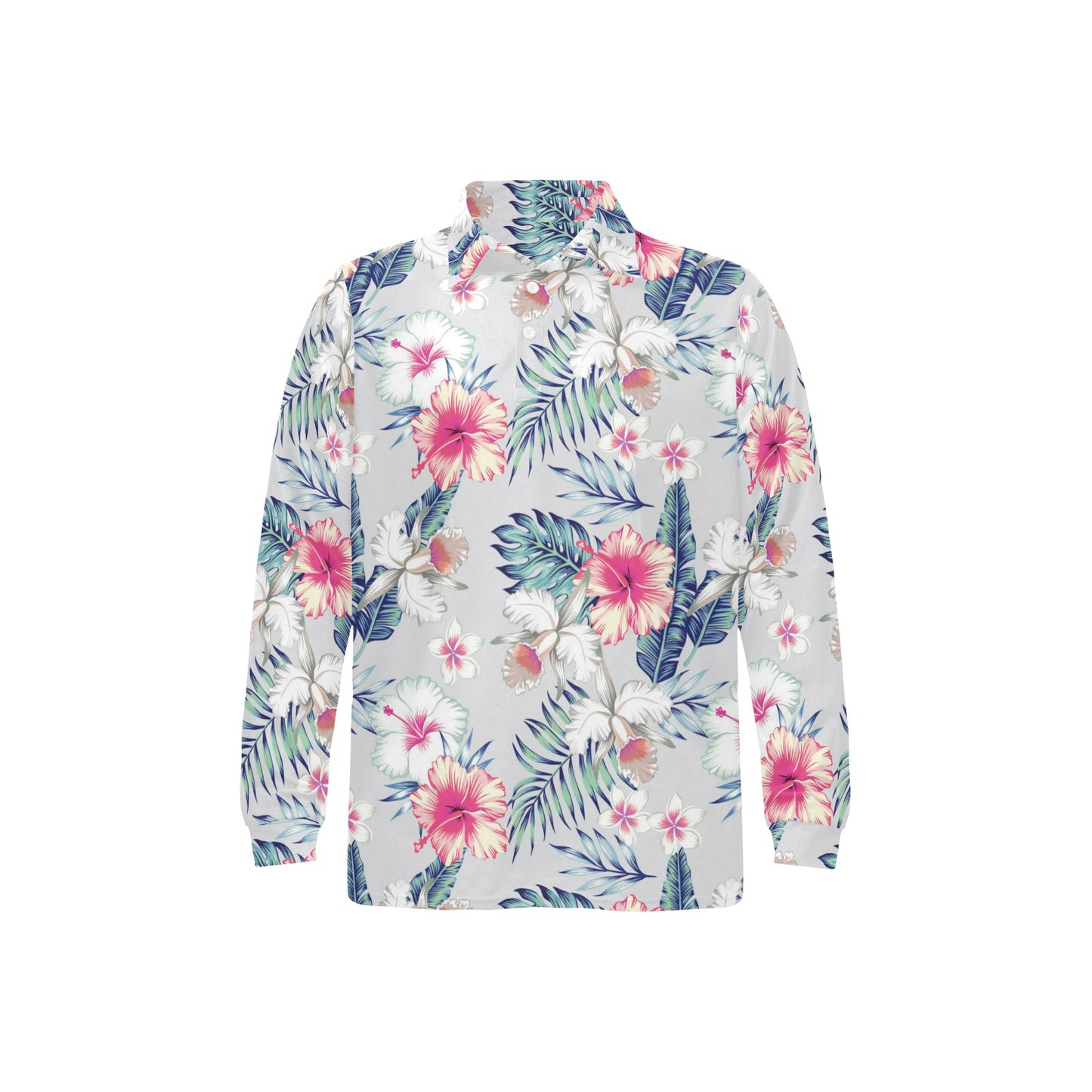 Hibiscus Print Long Sleeve Polo Shirt For Men's
