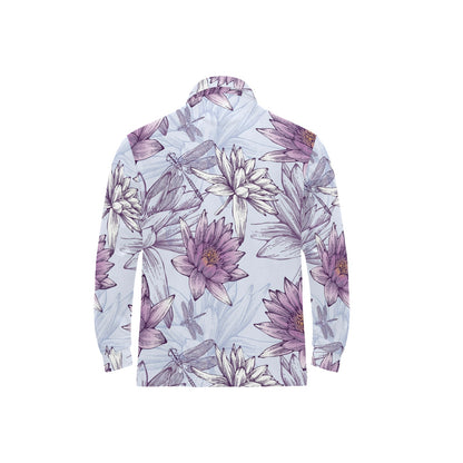 Water Lily Pattern Print Design WL01 Long Sleeve Polo Shirt For Men's