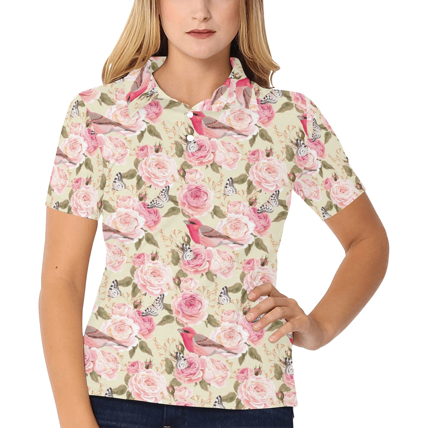Bird Butterfly Pink Flower Print Pattern Women's Polo Shirt