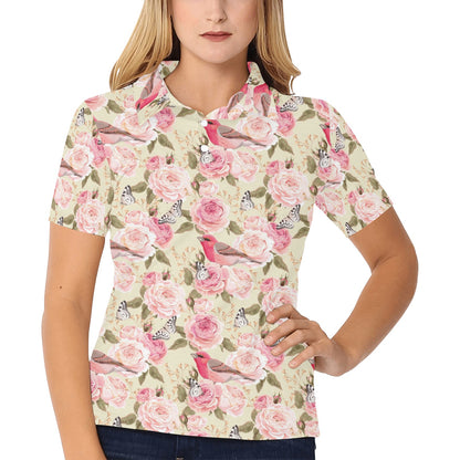 Bird Butterfly Pink Flower Print Pattern Women's Polo Shirt