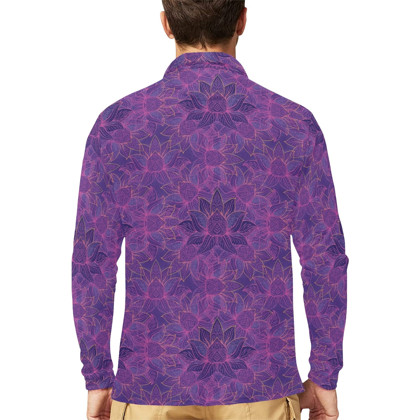 Bohemian Lotus Mandala Style Long Sleeve Polo Shirt For Men's