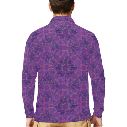 Bohemian Lotus Mandala Style Long Sleeve Polo Shirt For Men's