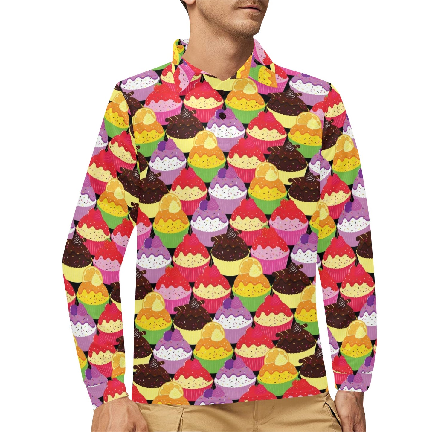 Cupcake Pattern Print Design CP02 Long Sleeve Polo Shirt For Men's