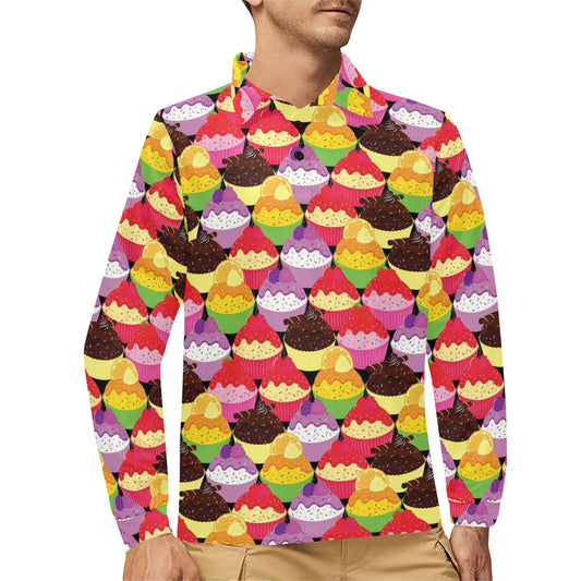 Cupcake Pattern Print Design CP02 Long Sleeve Polo Shirt For Men's