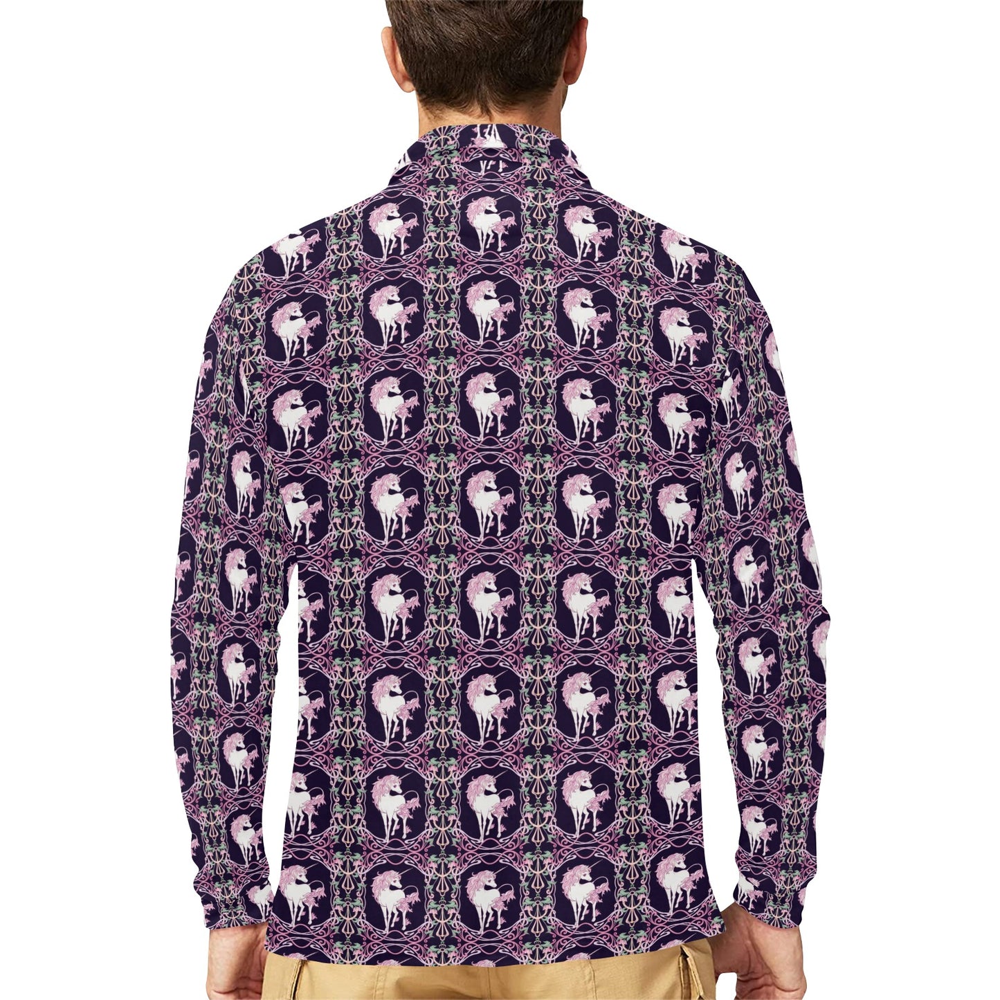 Unicorn Fantastic Flower Long Sleeve Polo Shirt For Men's