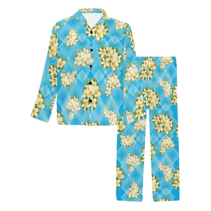 Yellow Plumeria Design Print Pattern Men's Long Pajama Set