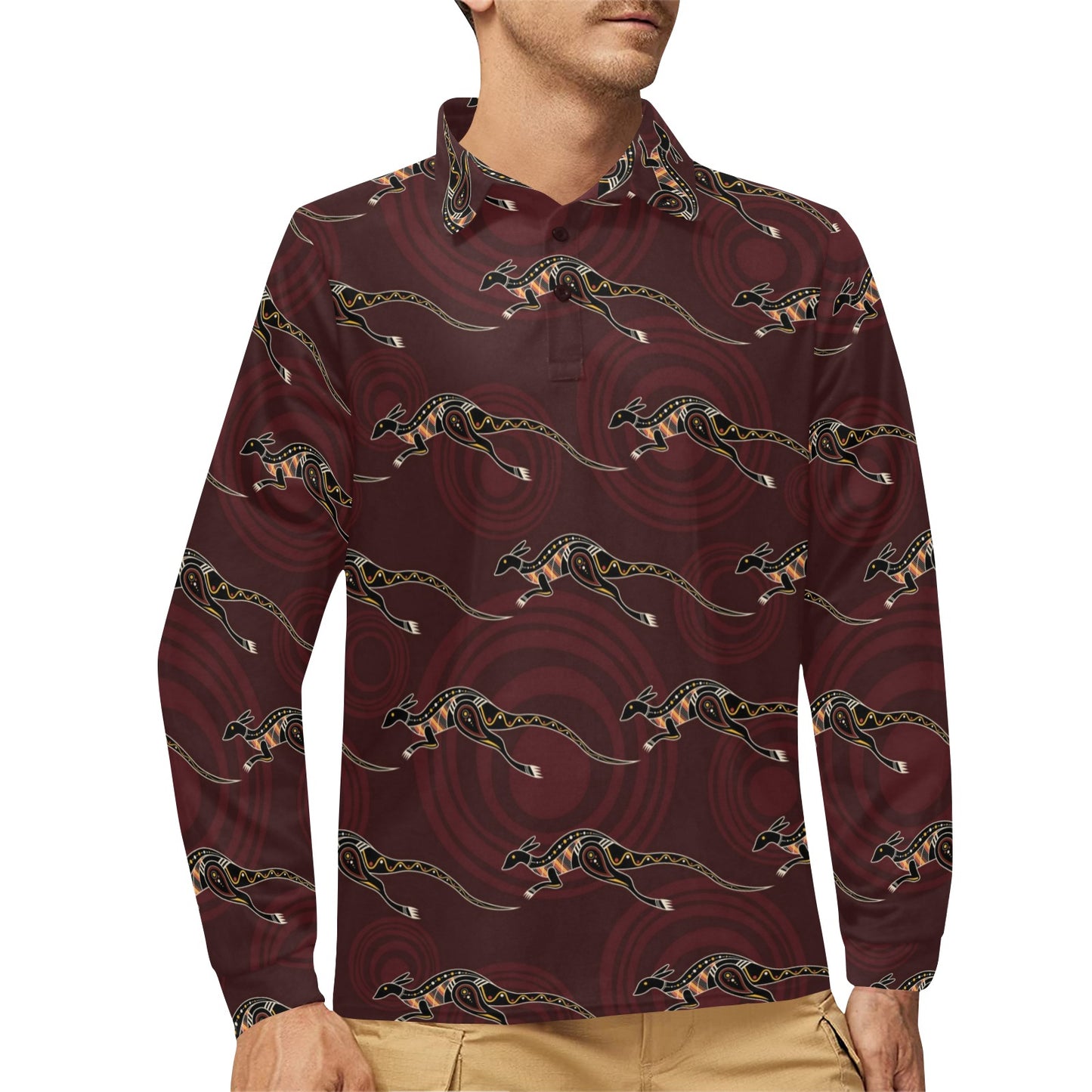 Kangaroos Pattern Print Design 05 Long Sleeve Polo Shirt For Men's