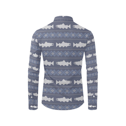 Salmon Fish Knit Style Print Design LKS304 Men's Long Sleeve Dress Shirt