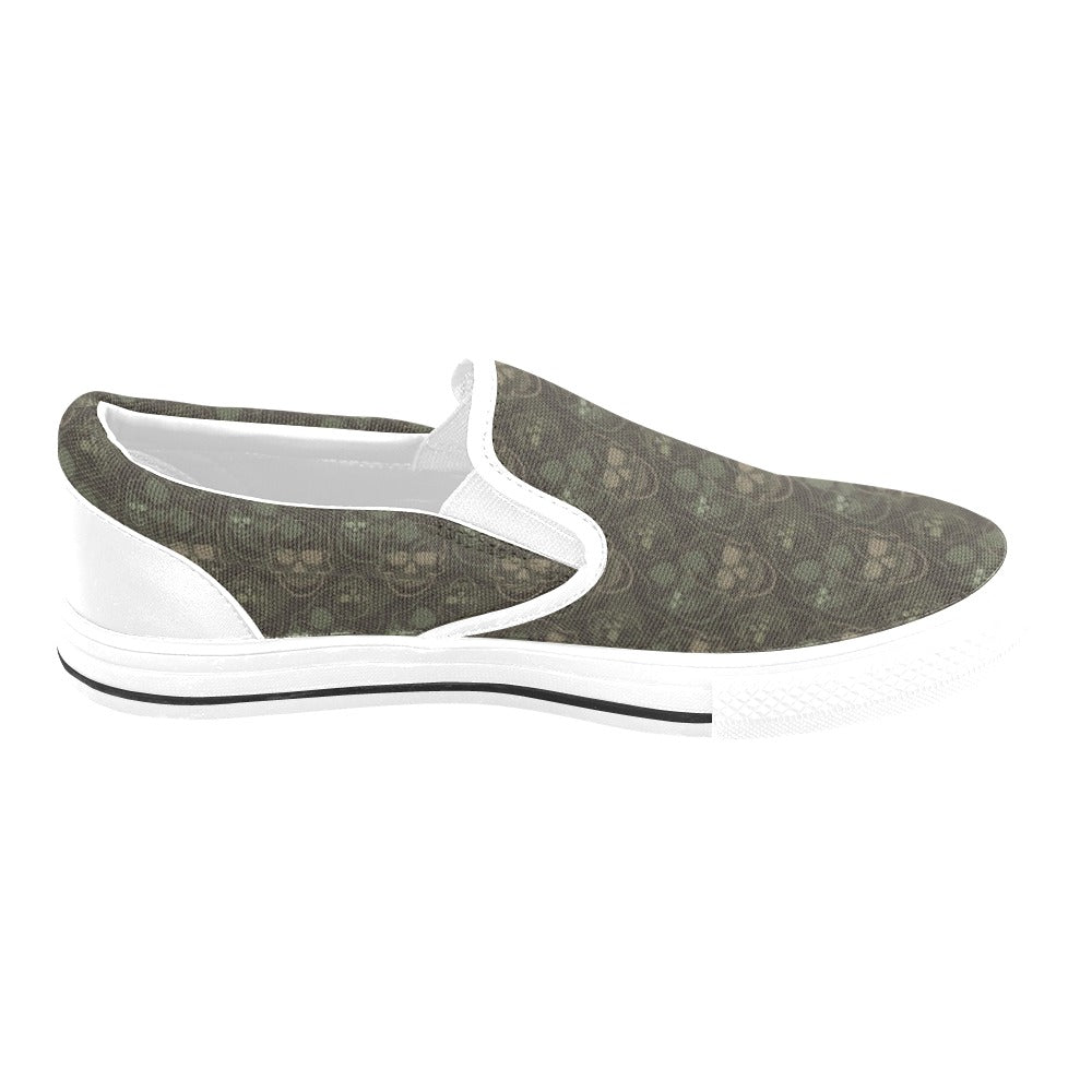 Skull Camo Style Print Design LKS308 White Slip Ons Canvas Women's Shoes