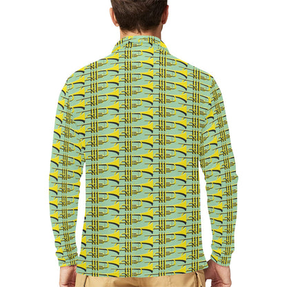 Trumpet Vintage Design Print Long Sleeve Polo Shirt For Men's