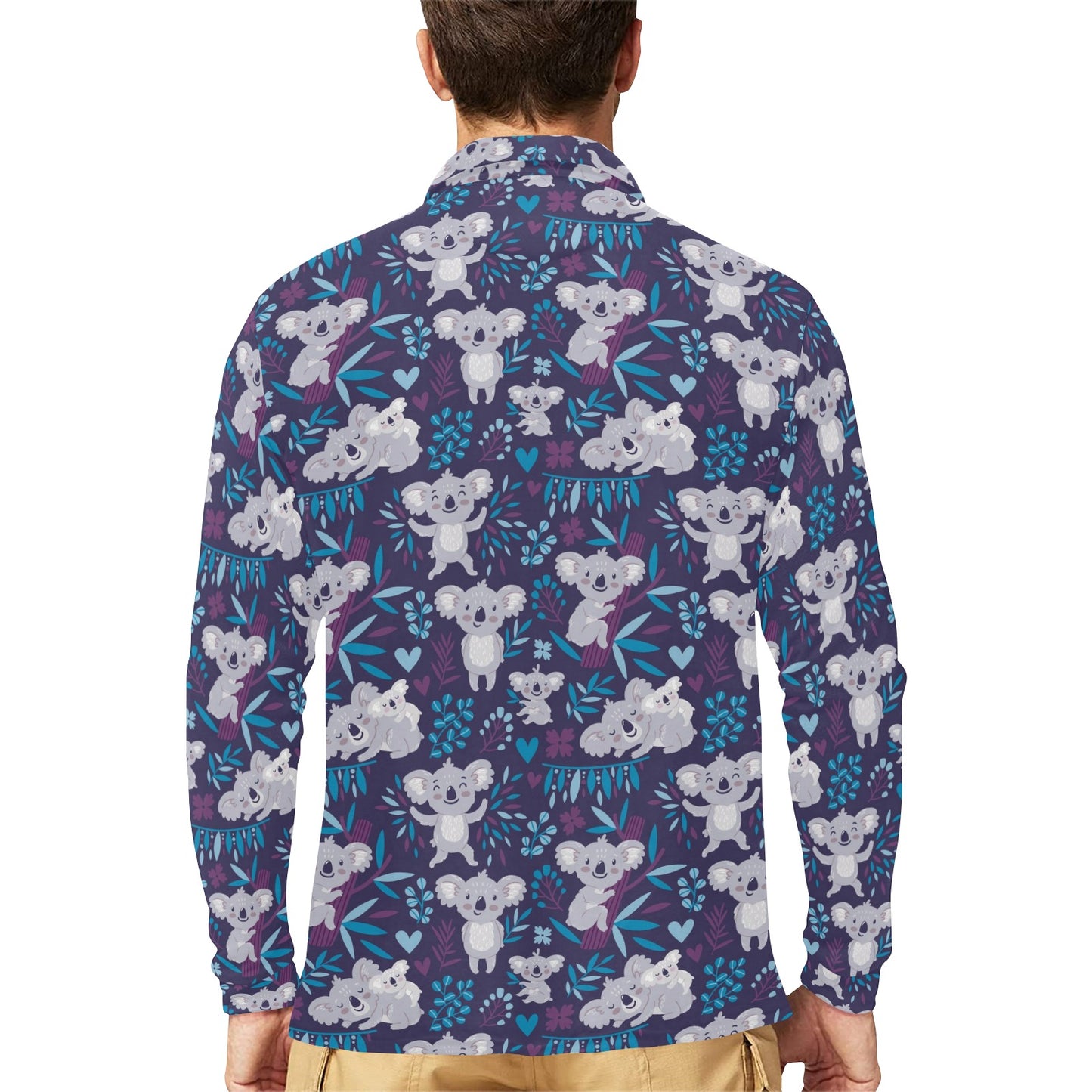 Koala Cute Themed Design Print Long Sleeve Polo Shirt For Men's