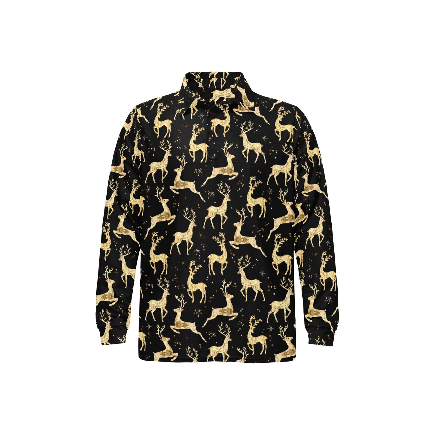 Deer Gold Pattern Long Sleeve Polo Shirt For Men's