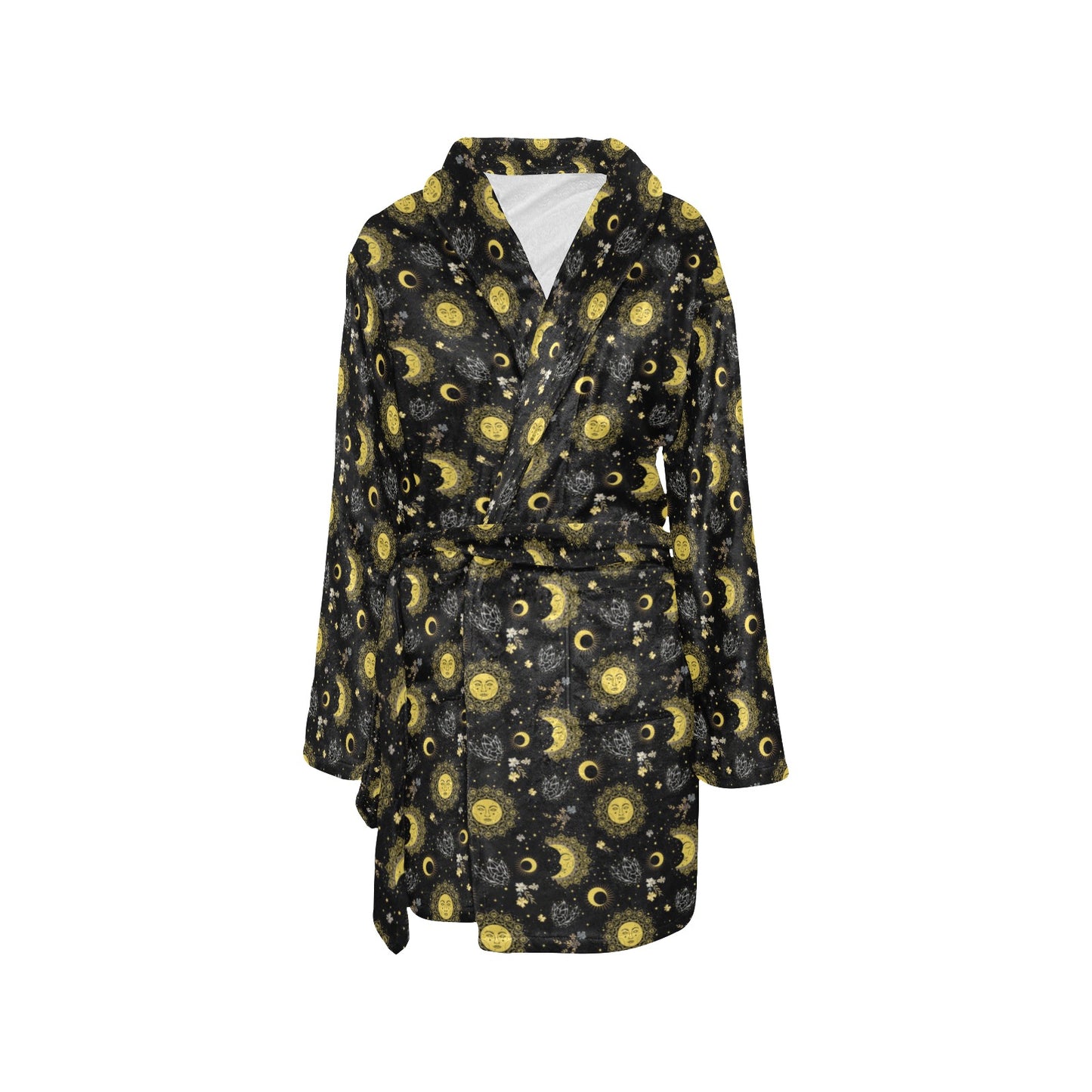 Sun Moon Golden Design Themed Print Women's Fleece Robe