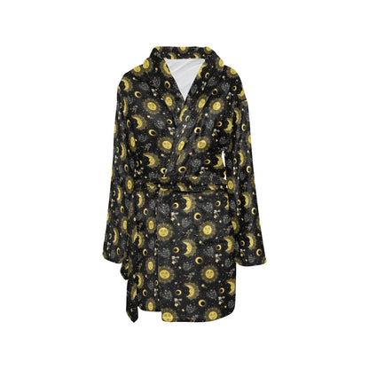 Sun Moon Golden Design Themed Print Women's Fleece Robe