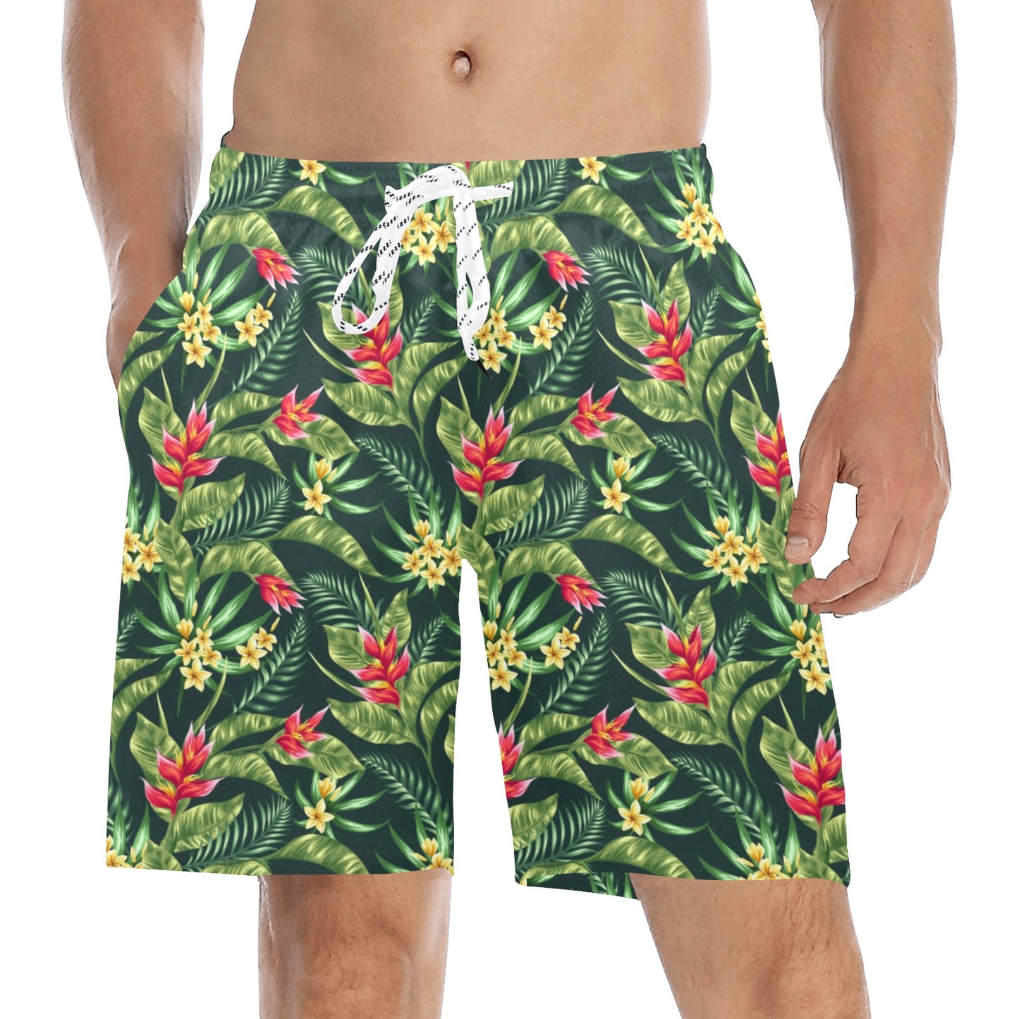 Tropical Folower Red Heliconia Print Men's Swim Trunks Beach Shorts