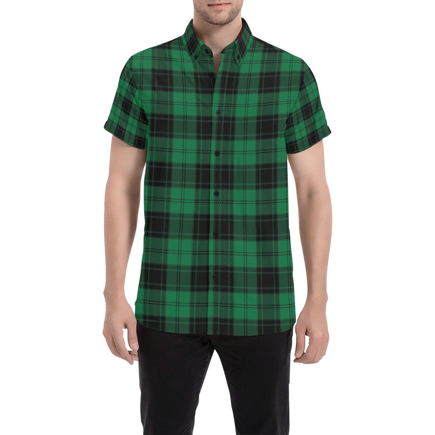 Tartan Green Print Design LKS302 Men Short Sleeve Button Up Shirt