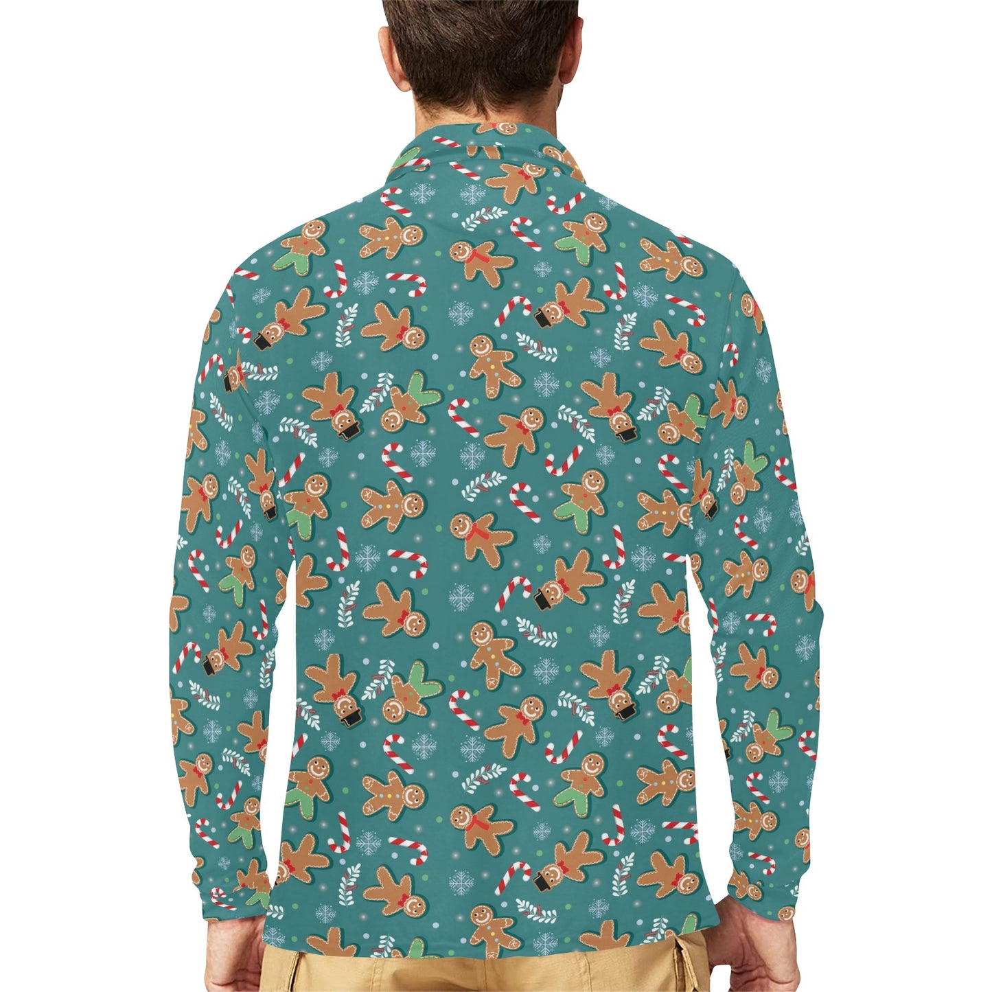 Gingerbread Pattern Print Design 05 Long Sleeve Polo Shirt For Men's