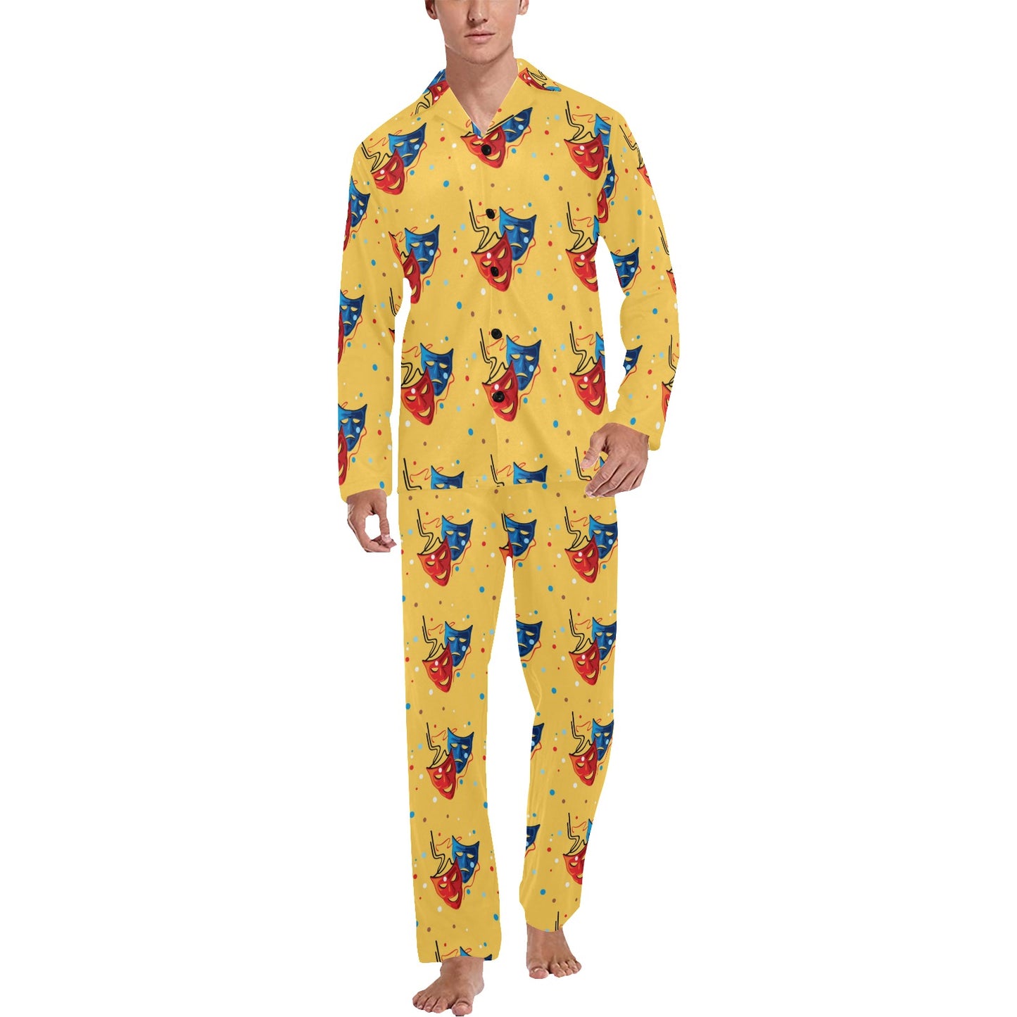 Acting Mask Pattern Print Design 02 Men's Long Pajama Set