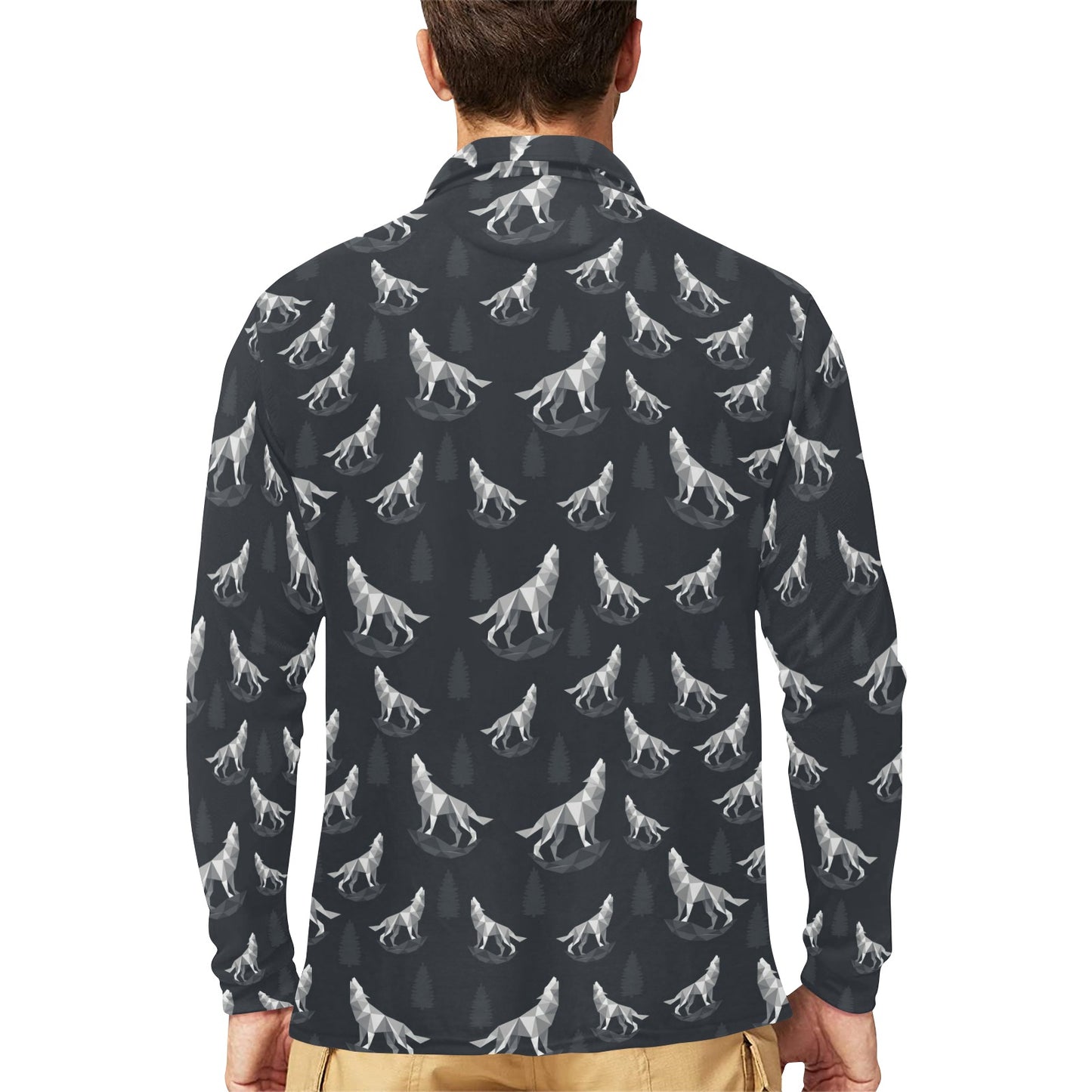 Wolf Print Design LKS303 Long Sleeve Polo Shirt For Men's