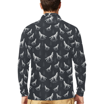 Wolf Print Design LKS303 Long Sleeve Polo Shirt For Men's