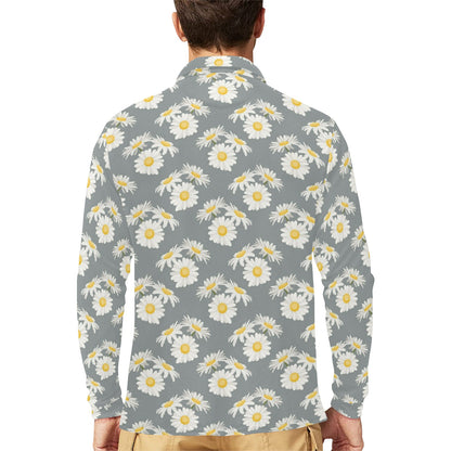 Daisy Pattern Print Design DS09 Long Sleeve Polo Shirt For Men's