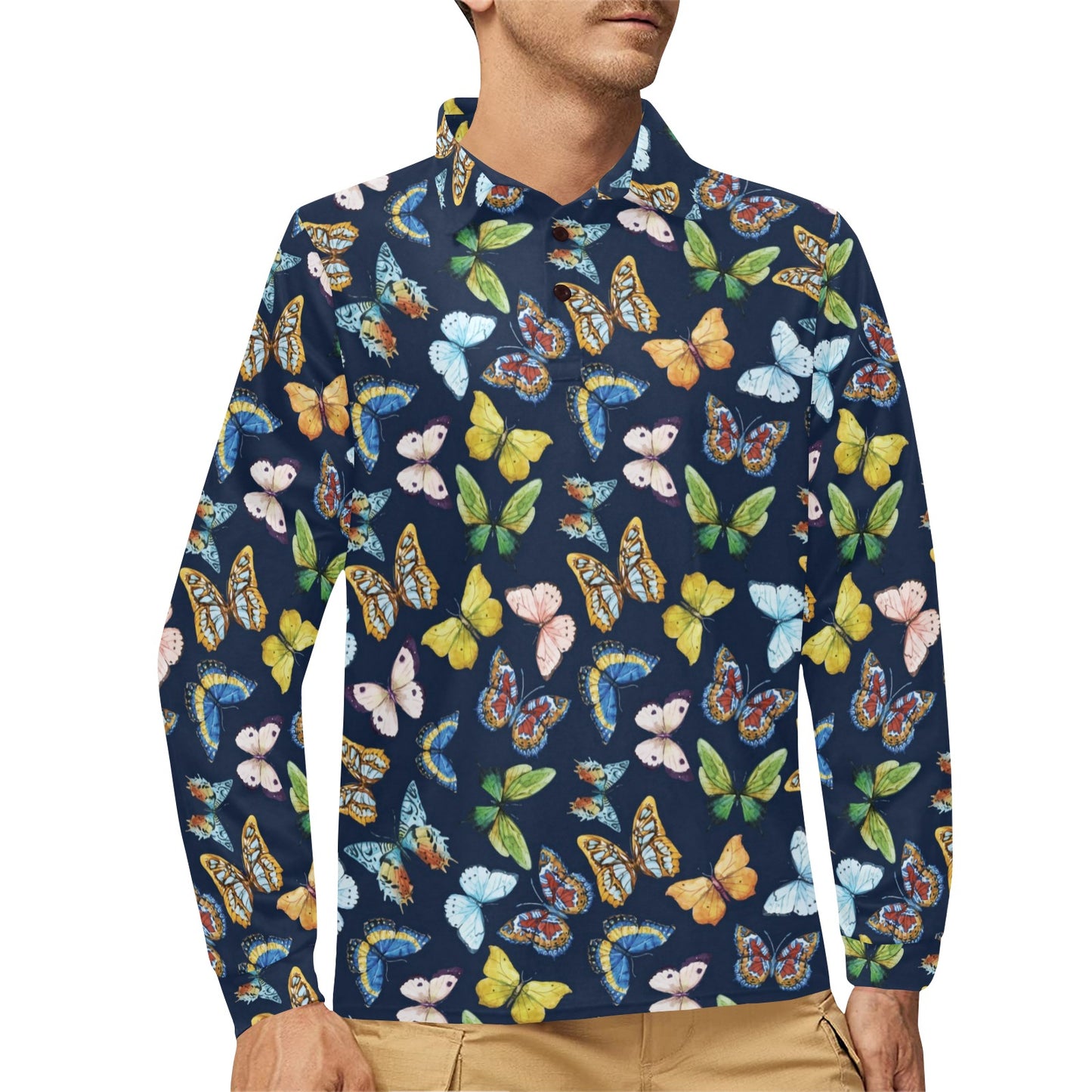Butterfly Beautiful Print Pattern Long Sleeve Polo Shirt For Men's