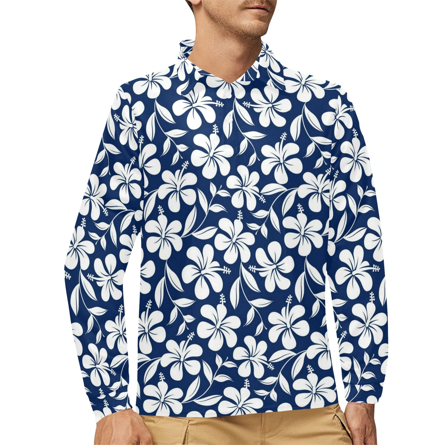 Hibiscus Pattern Print Design HB031 Long Sleeve Polo Shirt For Men's