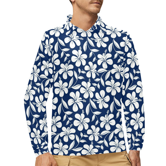 Hibiscus Pattern Print Design HB031 Long Sleeve Polo Shirt For Men's