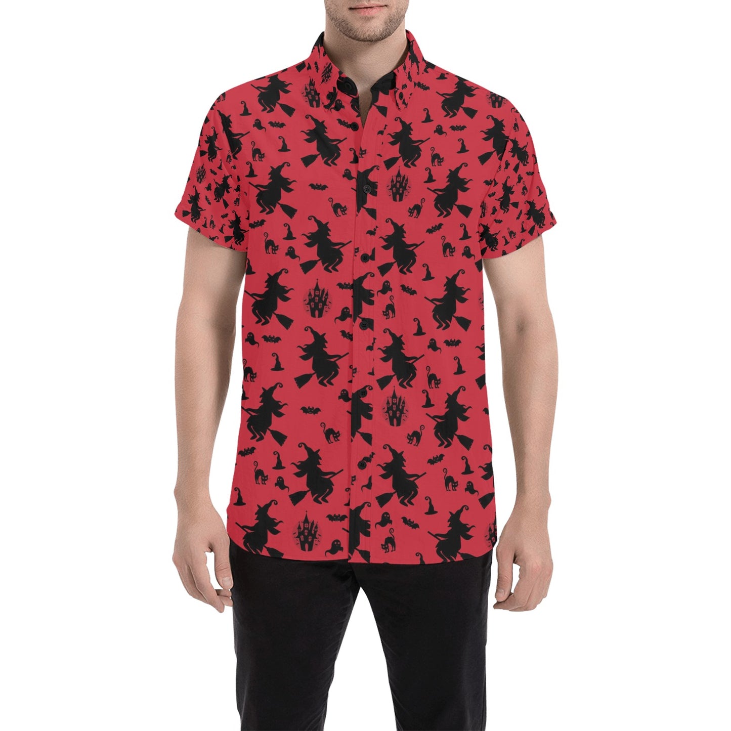 Witch Print Design LKS303 Men Short Sleeve Button Up Shirt