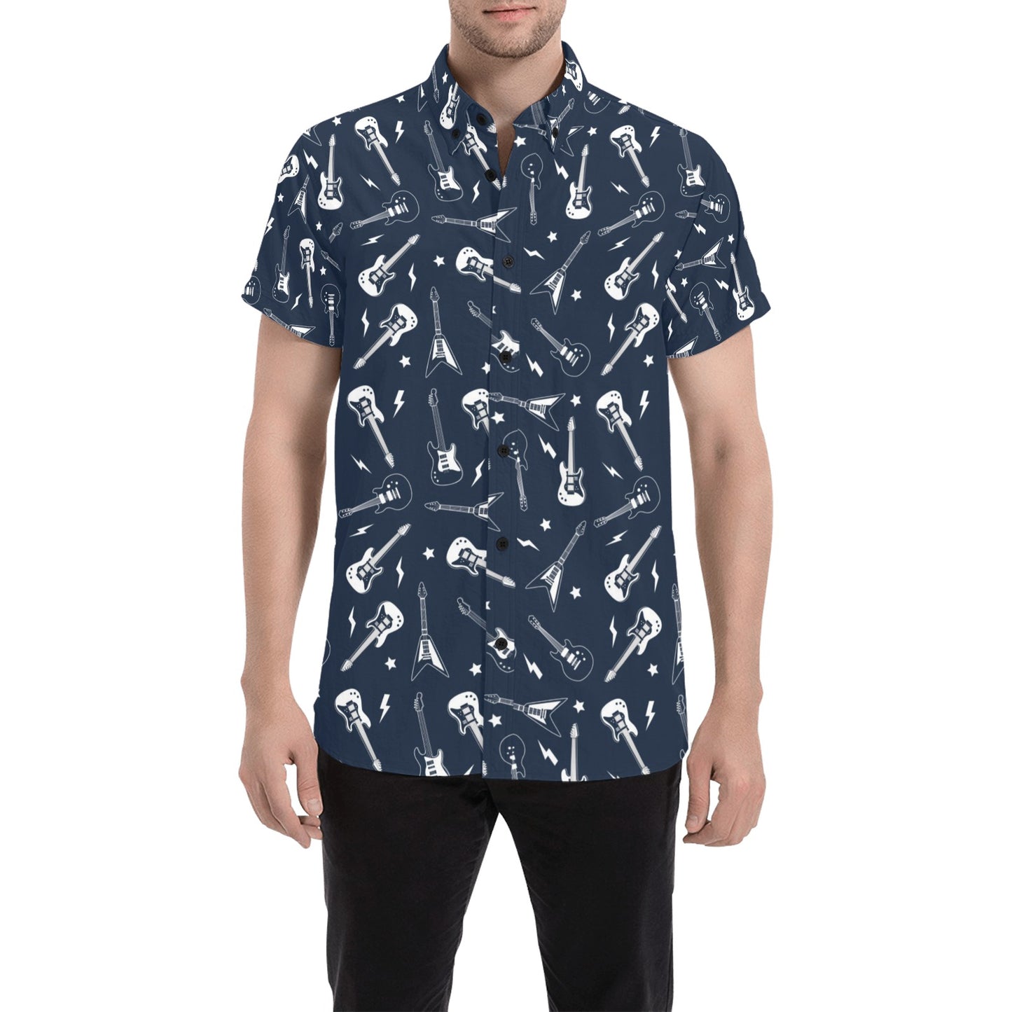 Electric Guitar Print Design LKS402 Men Short Sleeve Button Up Shirt
