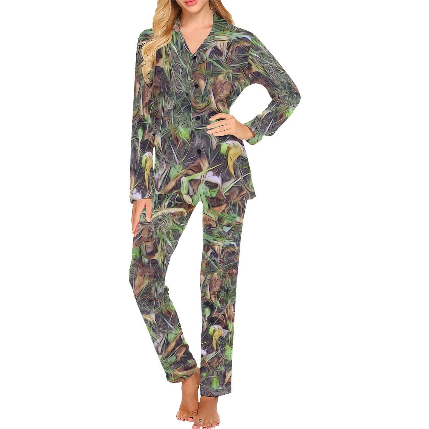 Camouflage Realistic Tree Print Women's Long Pajama Set