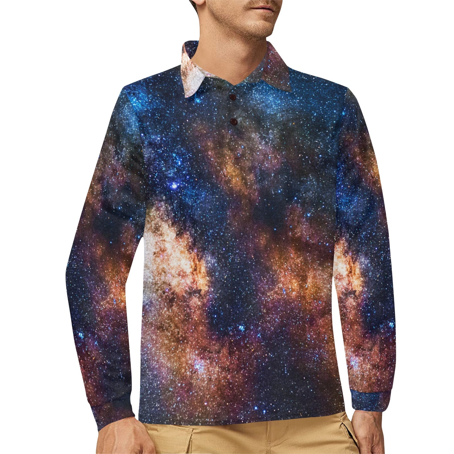 Celestial Milky way Galaxy Long Sleeve Polo Shirt For Men's