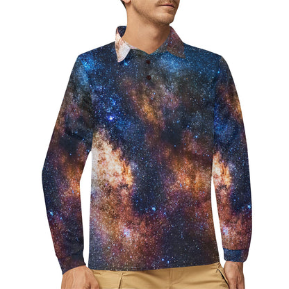 Celestial Milky way Galaxy Long Sleeve Polo Shirt For Men's