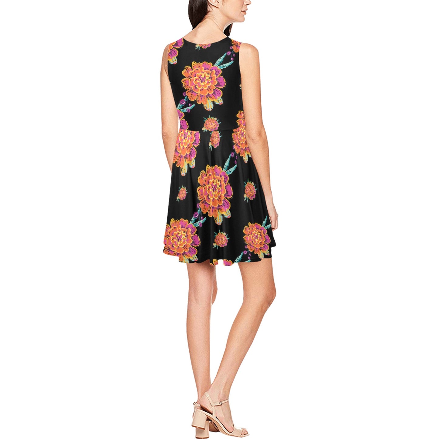 Marigold Pattern Print Design 01 Sleeveless Dress