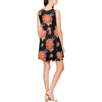 Marigold Pattern Print Design 01 Sleeveless Dress