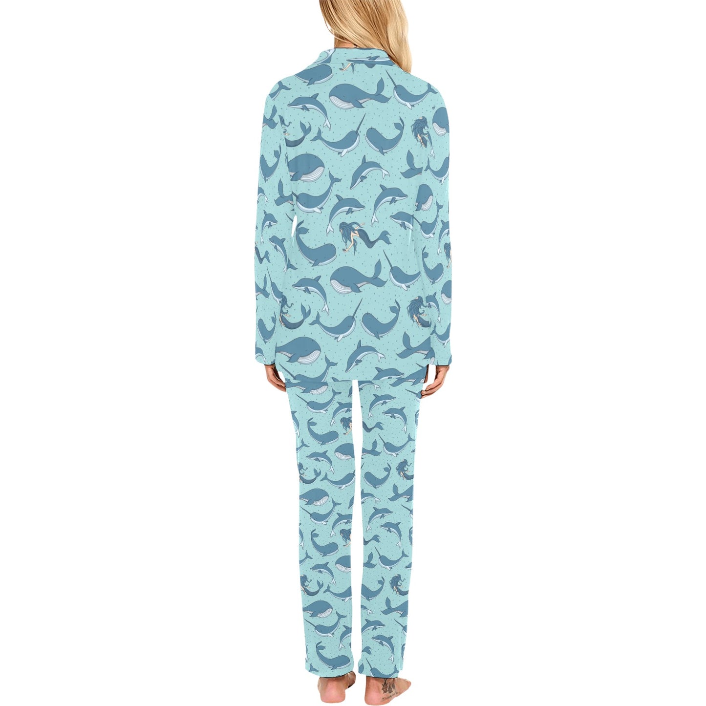 Narwhal Themed Print Women's Long Pajama Set