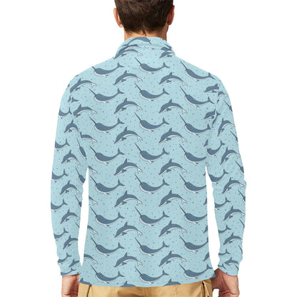Narwhal Dolphin Print Long Sleeve Polo Shirt For Men's