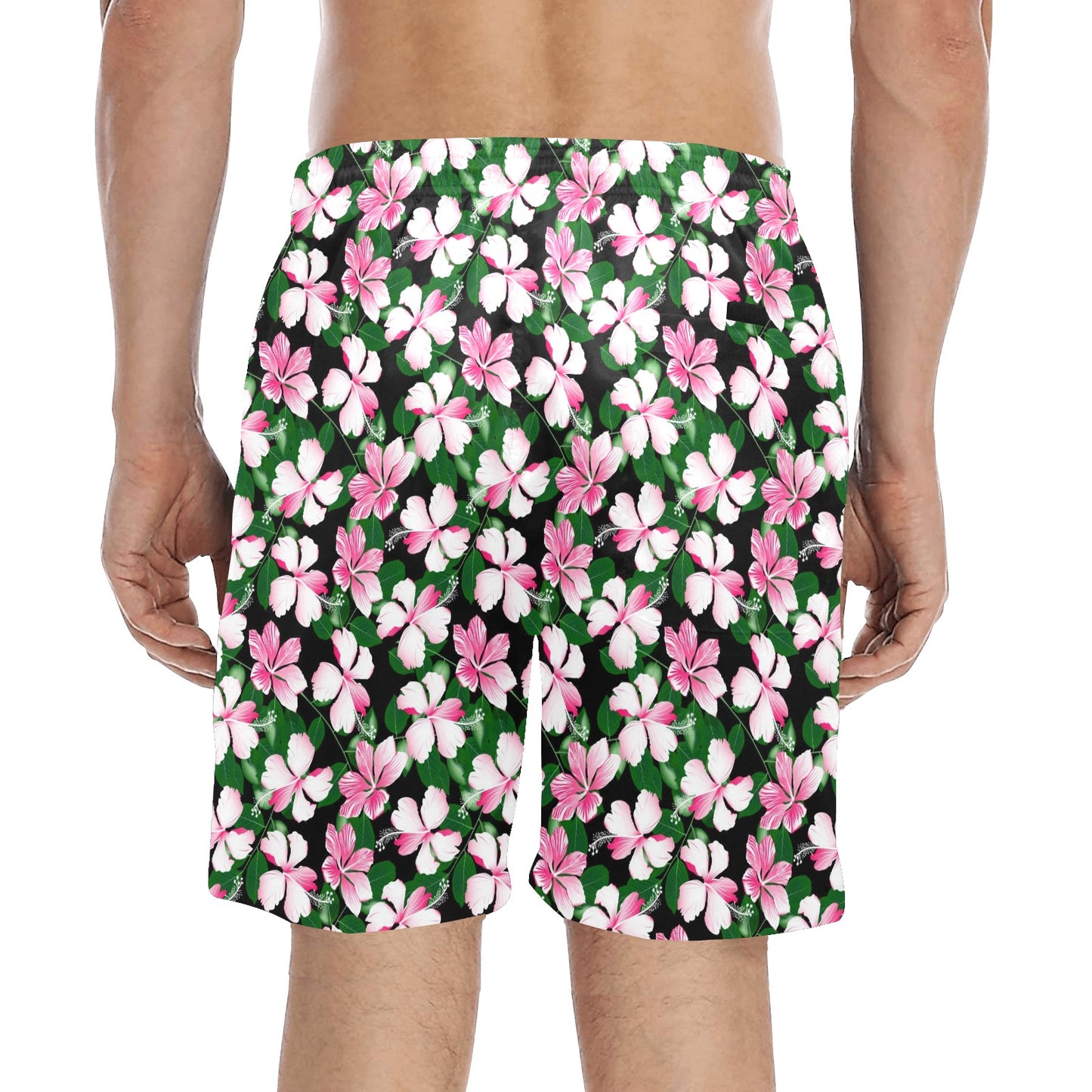Hibiscus Pink Flower Hawaiian Print Men's Swim Trunks Beach Shorts