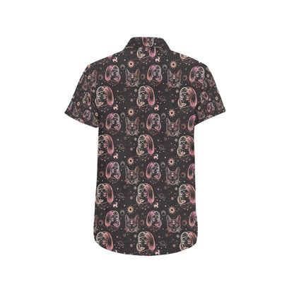 Third Eye Girl Cat Print Design LKS305 Men Short Sleeve Button Up Shirt