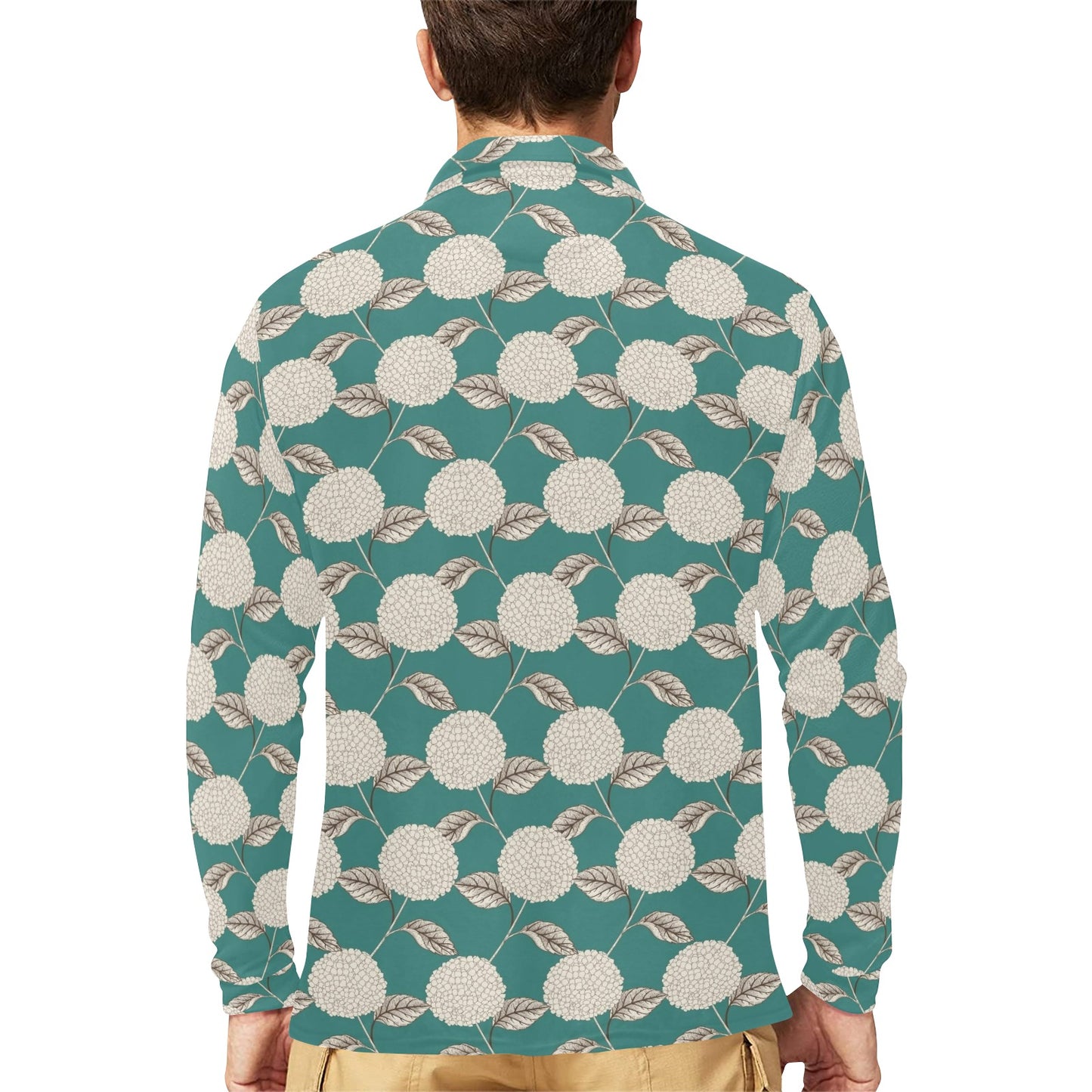 Hydrangea Pattern Print Design HD03 Long Sleeve Polo Shirt For Men's