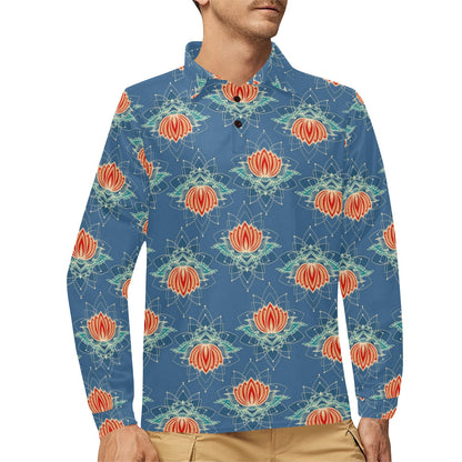 lotus Boho Pattern Print Design LO07 Long Sleeve Polo Shirt For Men's