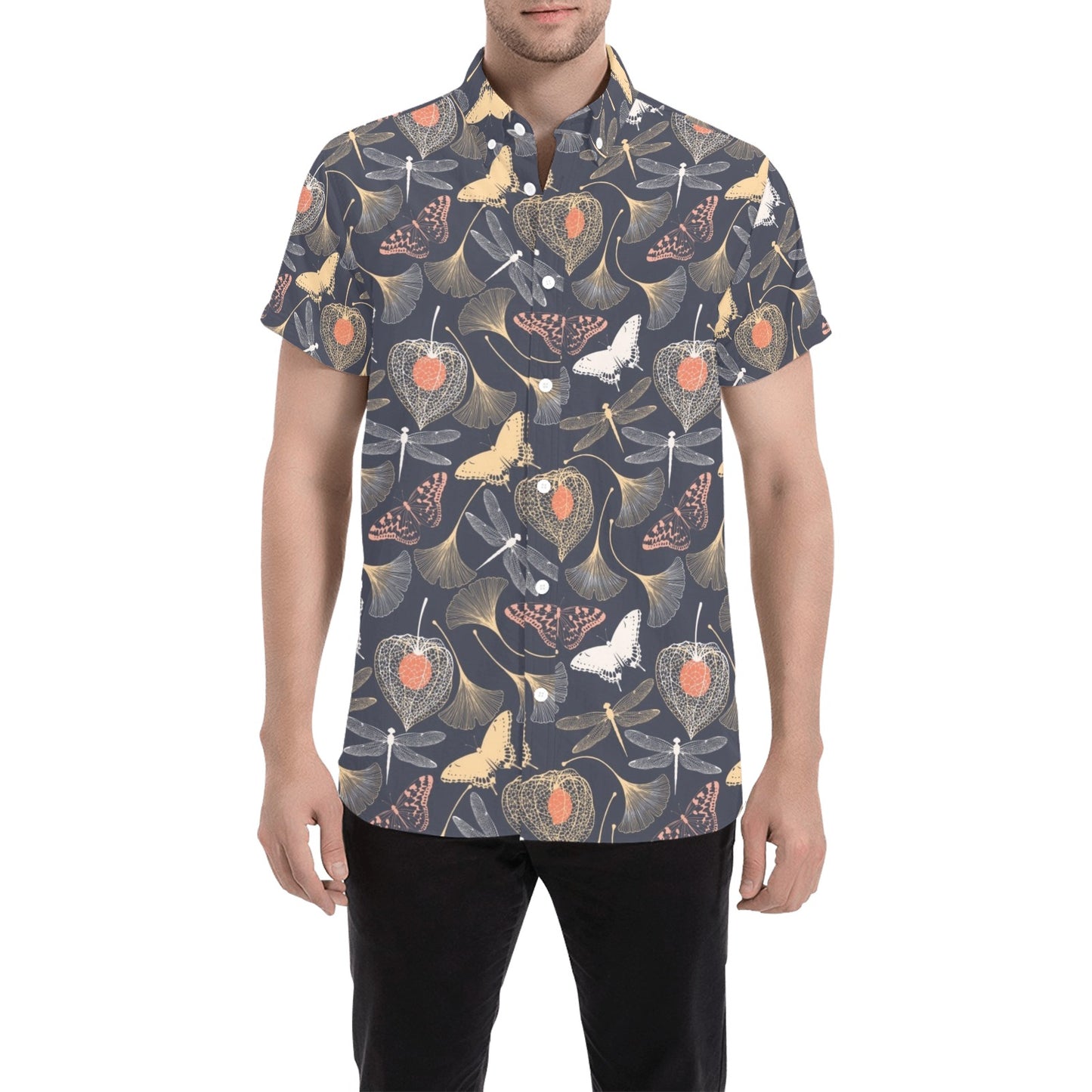 Dragonfly Print Design LKS404 Men Short Sleeve Button Up Shirt