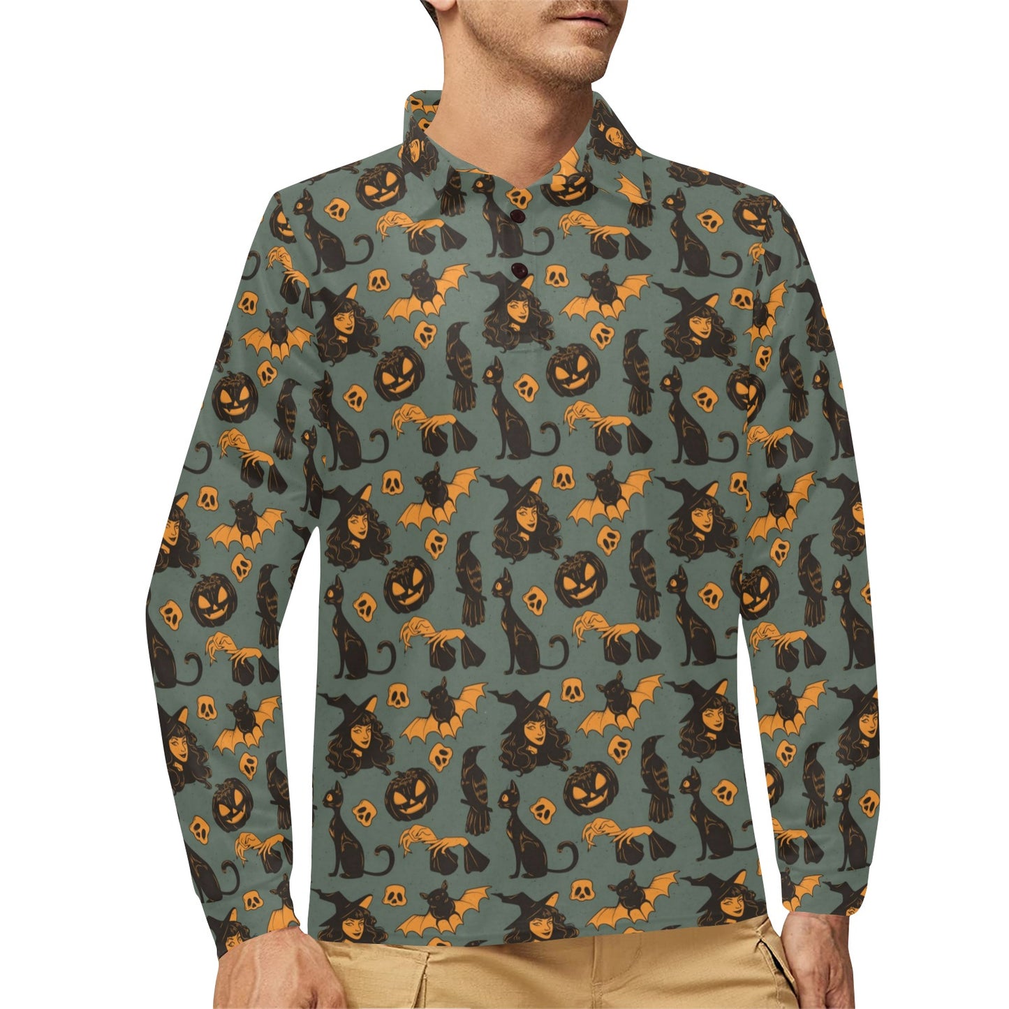Witch Bat Halloween Print Design LKS305 Long Sleeve Polo Shirt For Men's