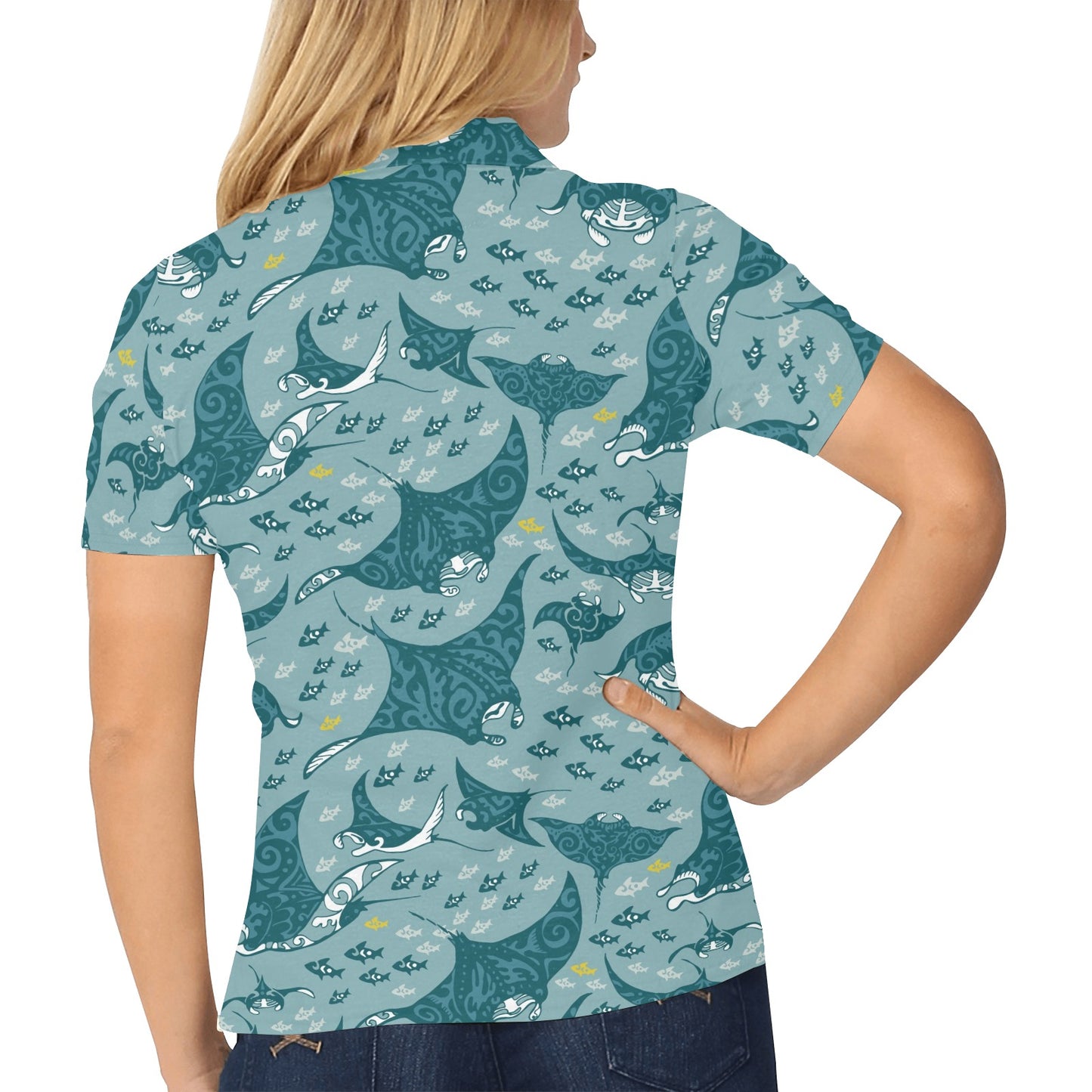 Manta Ray Tribal Pattern Print Design 03 Women's Polo Shirt